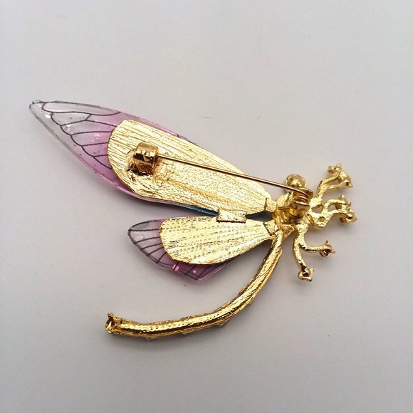 Brooch Dragonfly Rhinestone Pin Crystal Gold Magical Insect Lucky Trendy Stylish - Picture 2 of 3